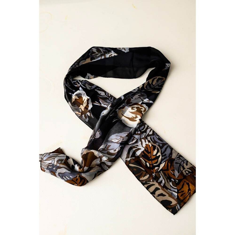 Jones New York Silk Scarf leaf brown black Rectangle neck 10.5" x 58"